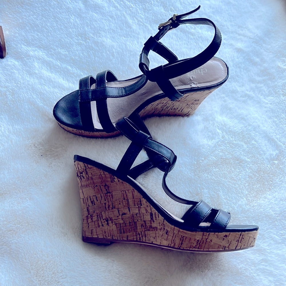 Black Wedge Sandals with Gold Buckle